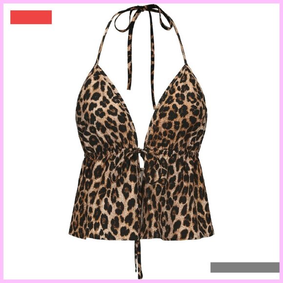 Leopard Print Halter Top Tie Front Backless Ruffle Crop Top - Picture 2 of 4